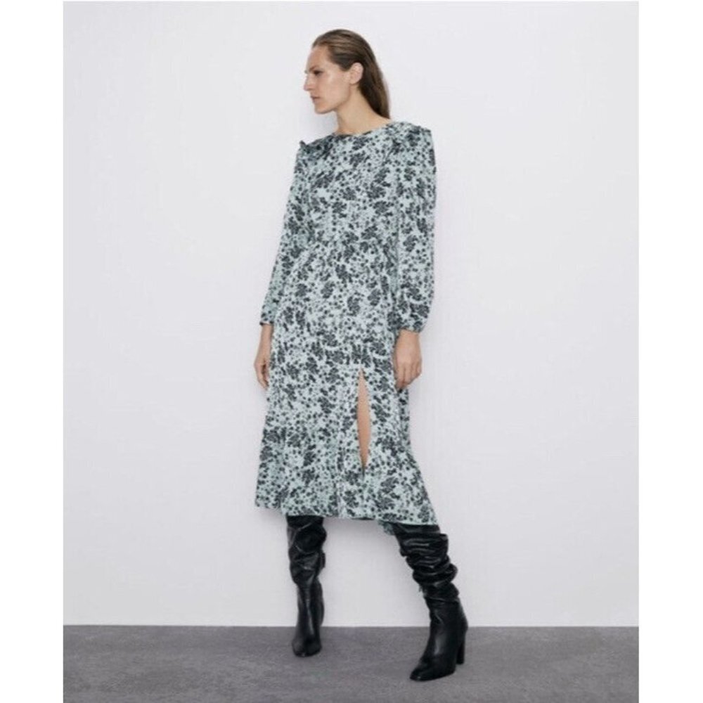 Zara Womens Blue‎ Floral Print Puff Sleeve Satin Midi Dress V-neck Size Medium